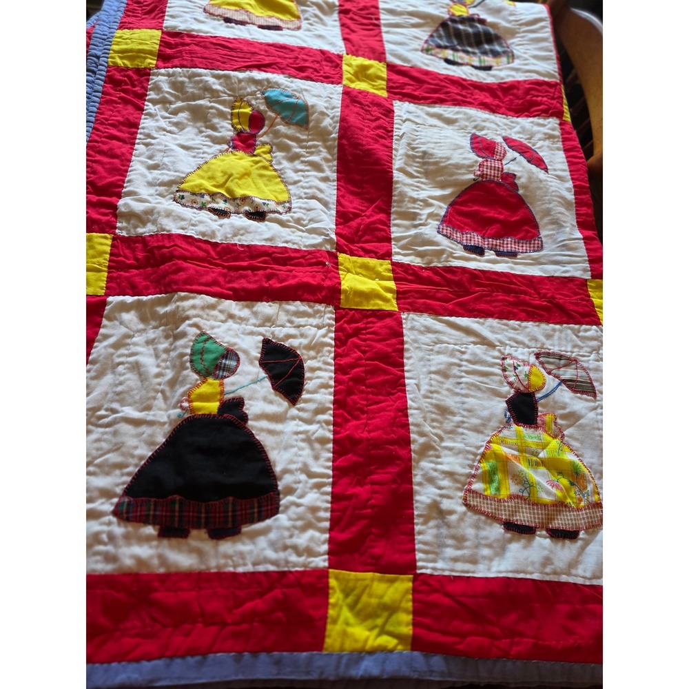 Handmade Sunbonnet Sue Applique Quilt Red Yellow Blue Hand Stitched Folk Art